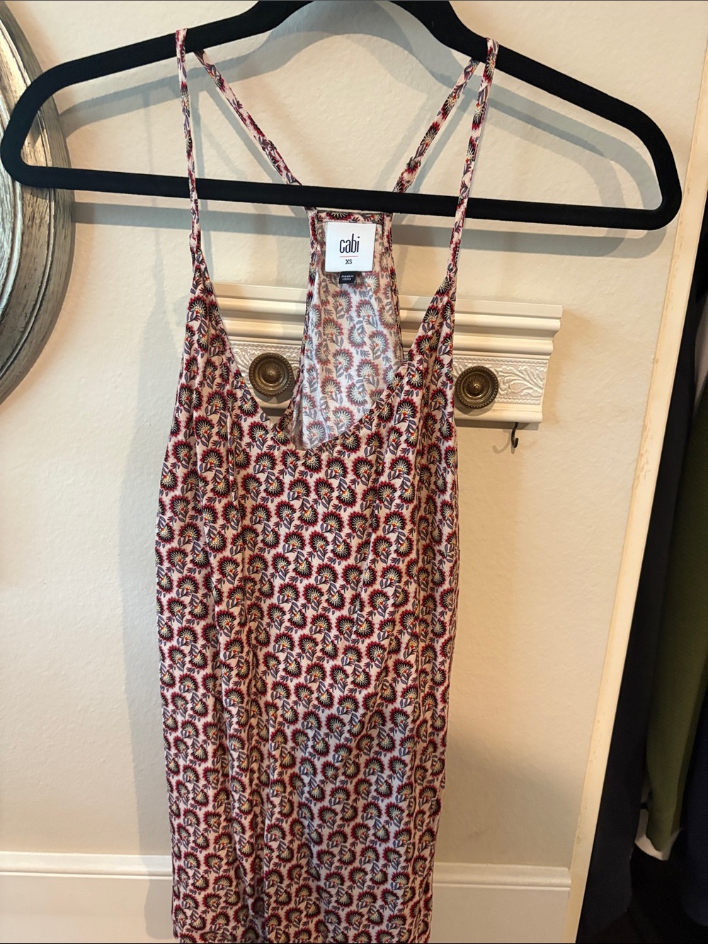 CAbi Cami-tank printed cream and red and black, racerback adj straps